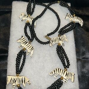 Black and White Zebra Hand Carved/Painted Wooden Beaded Necklace